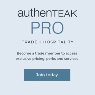 authenTEAK Pro Trade + Hospitality membership with exclusive pricing, perks and services and a Join today call-to-action.