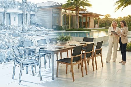 Outdoor dining set on a luxury patio beside a pool, transitioning from landscape design sketch to finished outdoor living space, with two designers reviewing plans.