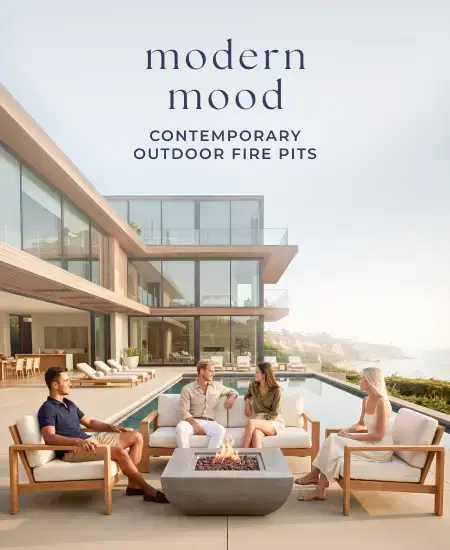 Modern Mood - Contemporary Outdoor Fire Pits - Four people gathered around a fire pit by a pool overlooking the ocean.