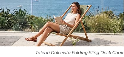 Woman lounging in wooden sling chair. Image Text: Talenti Dolcevita Folding Sling Deck Chair