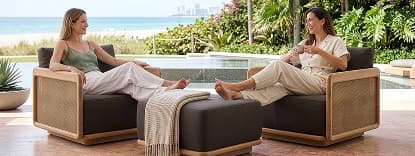 Two women relaxing in patio armchairs.