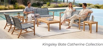 Group relaxing around outdoor teak furniture. Image Text: Kingsley Bate Catherine Collection