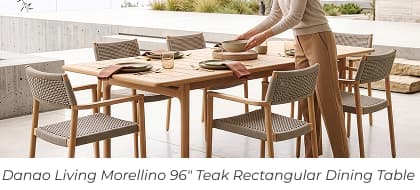 Person setting outdoor wooden dining table. Image Text: Danao Living Morellino 96" Teak Rectangular Dining Table