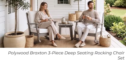 Couple sitting in porch rocking chairs. Image Text: Polywood Braxton 3-Piece Deep Seating Rocking Chair Set