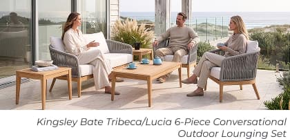 Three people conversing on patio lounge. Image Text: Kingsley Bate Tribeca/Lucia 6-Piece Conversational Outdoor Lounging Set