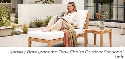 Woman reading on patio chaise lounge. Image Text: Kingsley Bate Ipanema Teak Chaise Outdoor Sectional Unit