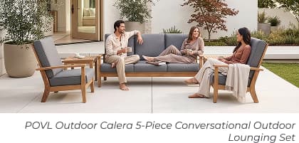 Three people lounging on patio furniture. Image Text: POVL Outdoor Calera 5-Piece Conversational Outdoor Lounging Set