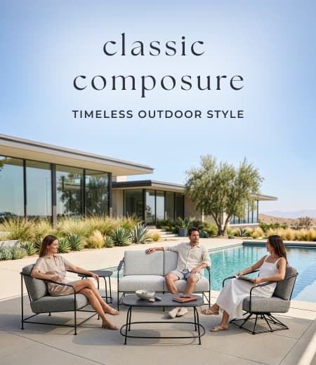 People relax on poolside patio furniture. Image Text: classic composure TIMELESS OUTDOOR STYLE