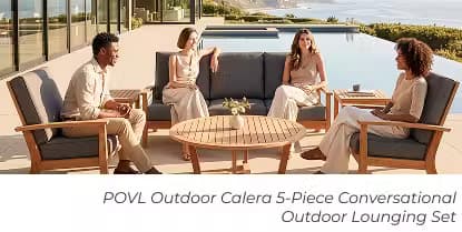 Four people seated on teak outdoor lounge furniture beside an infinity pool overlooking the coast.