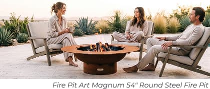 Three people around rusty fire pit. Image Text: Fire Pit Art Magnum 54" Round Steel Fire Pit