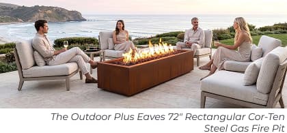 Four people around rectangular fire table. Image Text: The Outdoor Plus Eaves 72" Rectangular Cor-Ten Steel Gas Fire Pit
