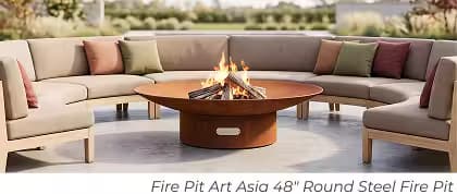 Corten steel Fire Pit Art Asia round fire pit with burning logs surrounded by curved outdoor seating.