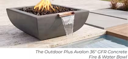 Gray Outdoor Plus Avalon square fire and water bowl with lava rock, flame, and cascading water.