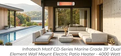 Wall-mounted patio heater above a modern sectional lounge beside an infinity pool.