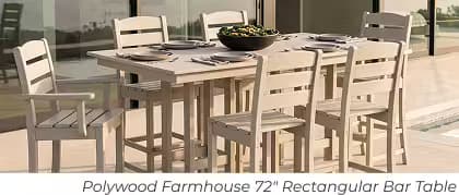 Off-white rectangular outdoor bar table with eight matching chairs set beside a pool.