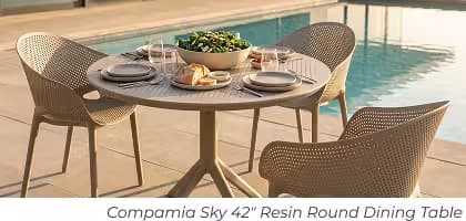 Round resin outdoor dining table with perforated chairs set with salad and bread beside a pool.